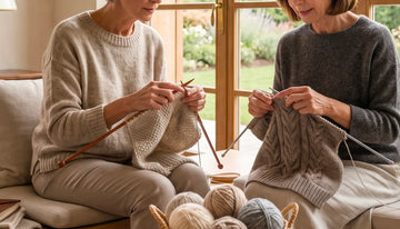 due donne che fanno a maglia con ferri in bambu e metallo
